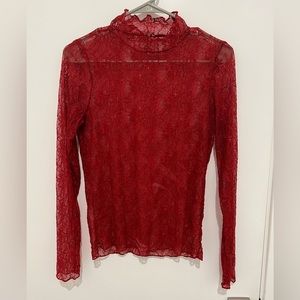 Size Small Red Lace Sheer Mock Neck Top from Anthropologie